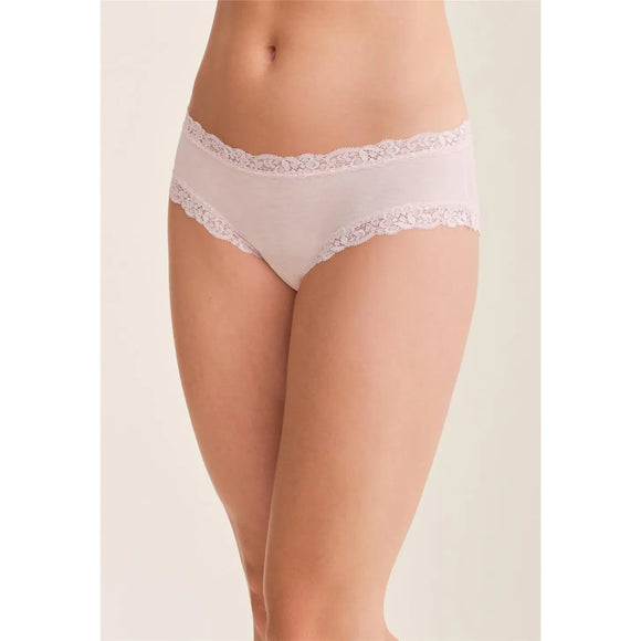 light pink lace-trimmed underwear on a plain background