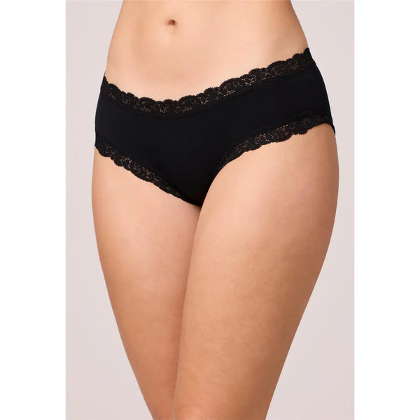 Black lace-trimmed underwear on a plain background