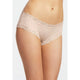 Beige lace-trimmed underwear on a plain background