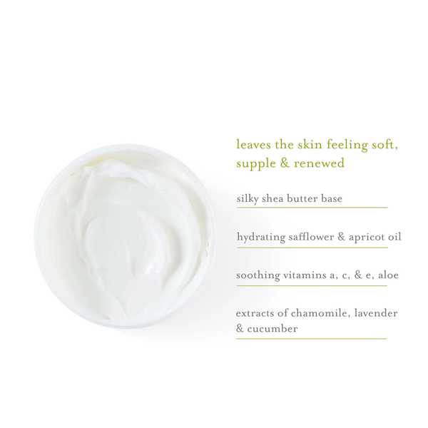 Image describes kai body butter's creamy texture with text detailing its ingredients and benefits on a white background 