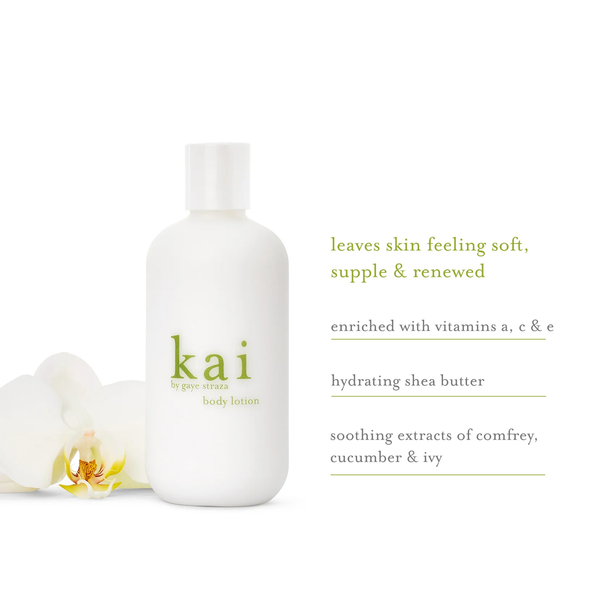 White bottle of kai body lotion with information text on a white background