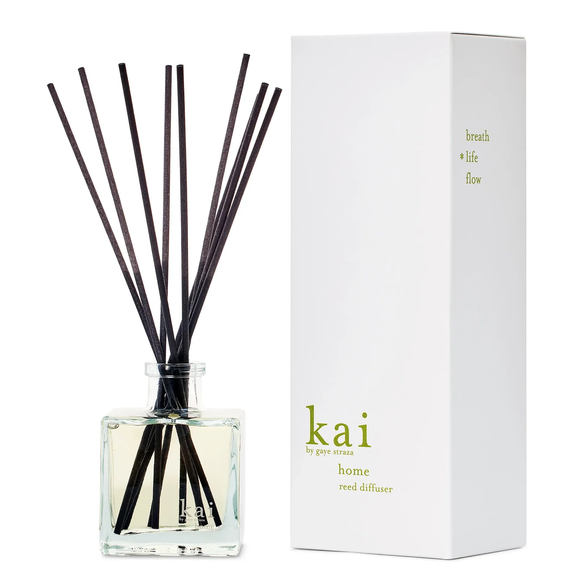 Kai home reed diffuser with black sticks and white packaging on a white background