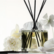 Diffuser with black sticks surrounded by white flowers on a light background