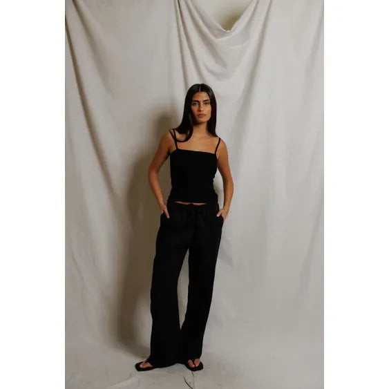 Lorana Linen Drawstring Pants in Black - Romantiques