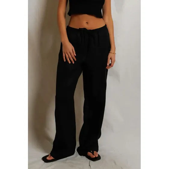 Lorana Linen Drawstring Pants in Black - Romantiques