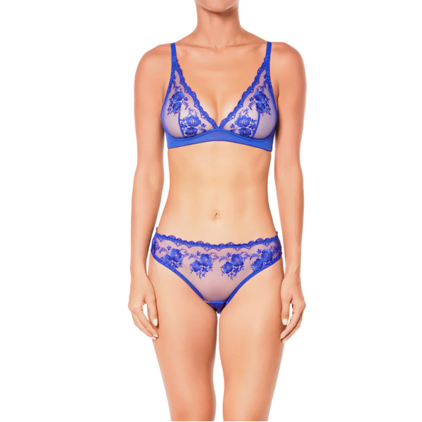 Blue lace lingerie set on a white background